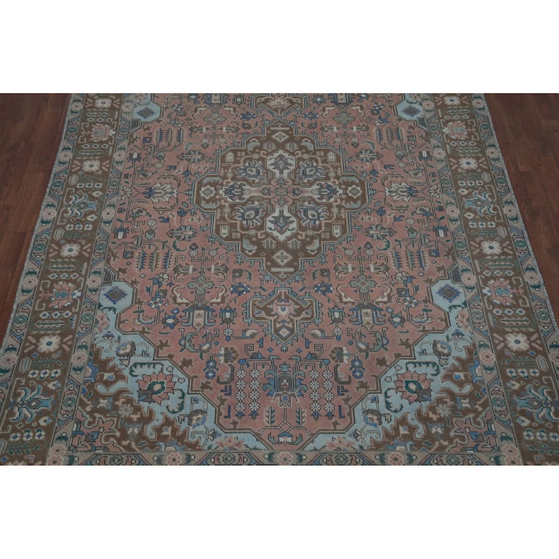 Pink Geometric Tabriz Persian Vintage Rug Handmade Wool Carpet - 6'6" x 9'8"