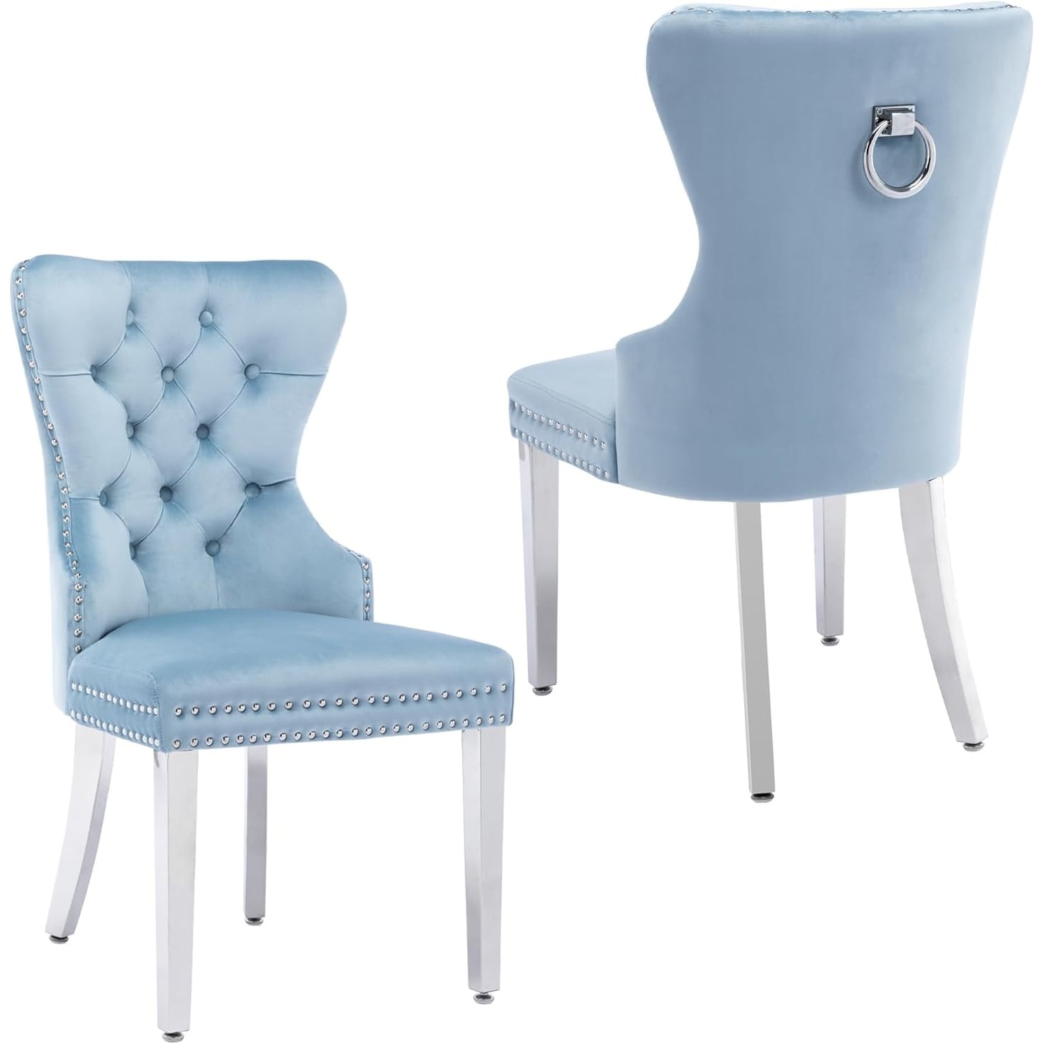 Luxury Velvet Dining Chairs Set of 2 with Tufted Upholstery & Stainless Steel Legs, Light Blue