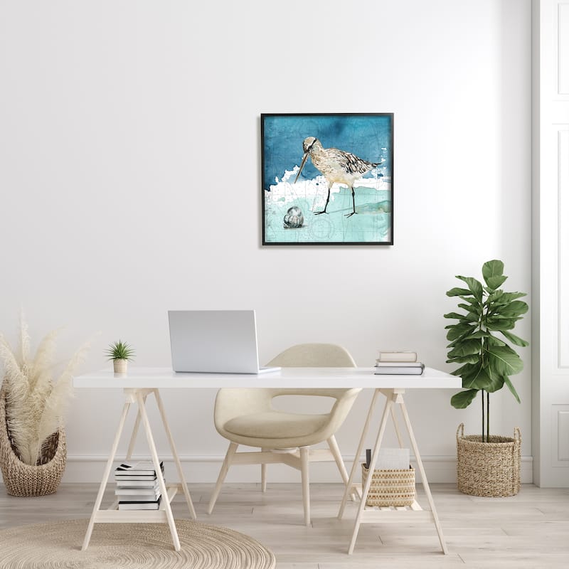 Stupell Beach Bird Round Shell Blue Ocean Coastal Map Framed Wall Art