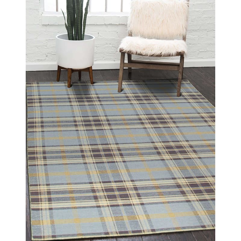 Home Decor EORC Handmade Wool Plaid Rug Stylish Blue Area Rug for Living Room, Bedroom, Office, & Home Décor Durable & Trendy