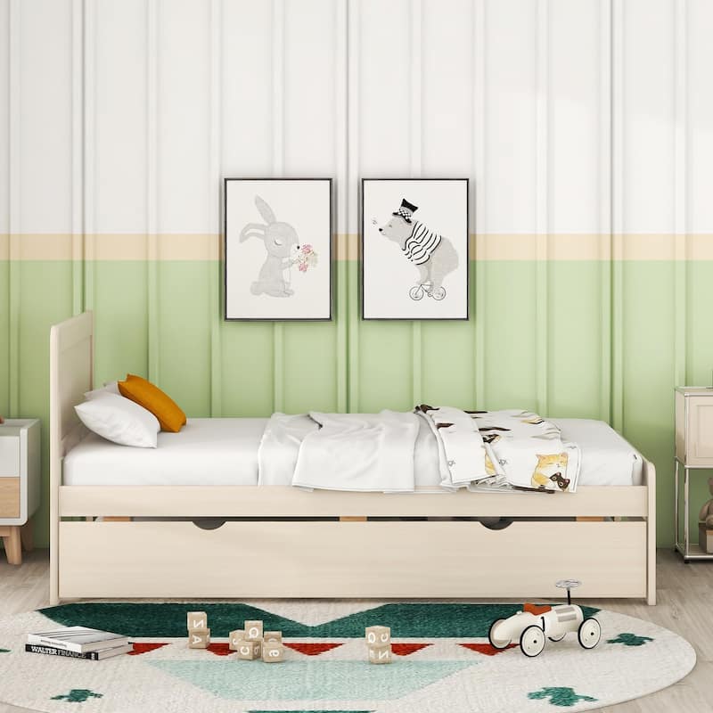 Modern Wooden Twin Platform Bed Frame with Trundle for Master Bedrooms, Guest Rooms - Rubberwood Construction