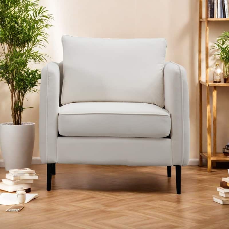 Velvet Mid-Century Modern Accent Chair with Metal Legs and Included Pillow - Ivory