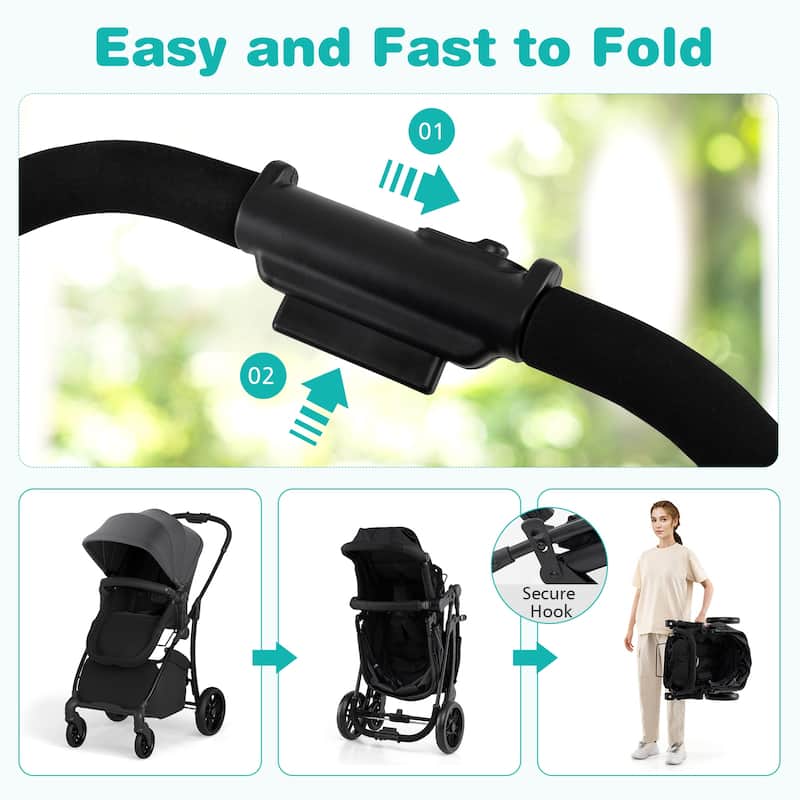 2 in 1 Metal Polyester Foldable Kids Stroller with Adjustable Seat - 38" × 22.5" × 41"