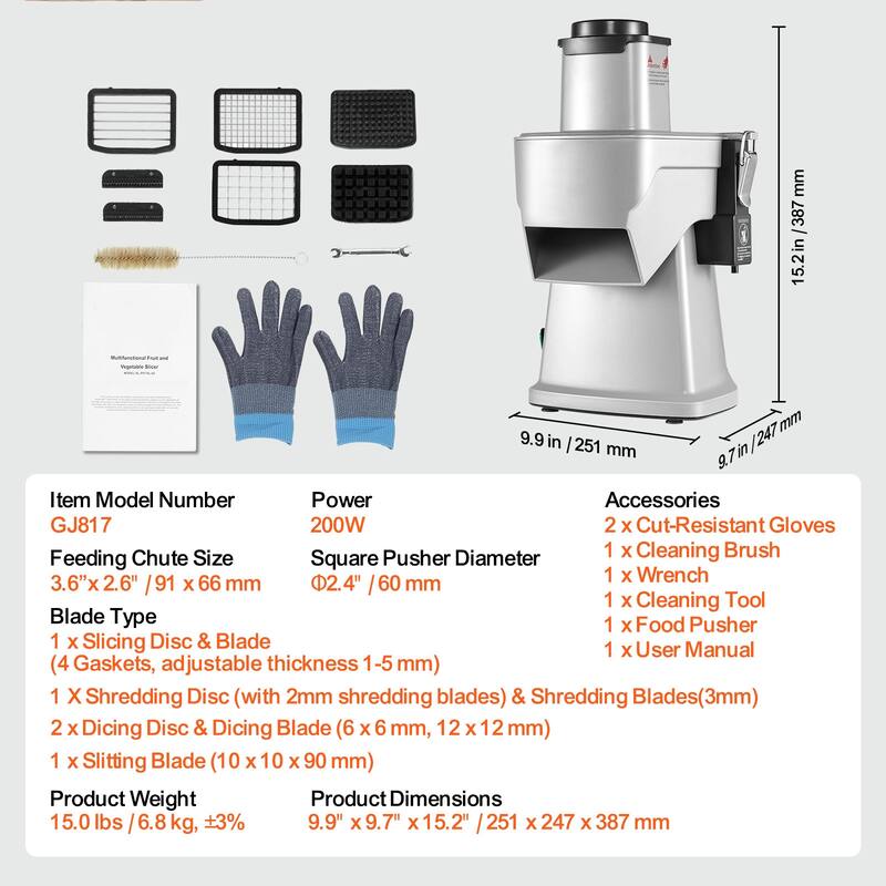 Electric Vegetable Slicer for Slicing Shredding Dicing and Slitting, with Cut-Resistant Gloves