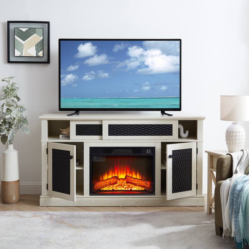 Modern Fireplace TV Stand with Sliding Door, Open and Closed Storage Space, for Living Rooms and Bedrooms, White