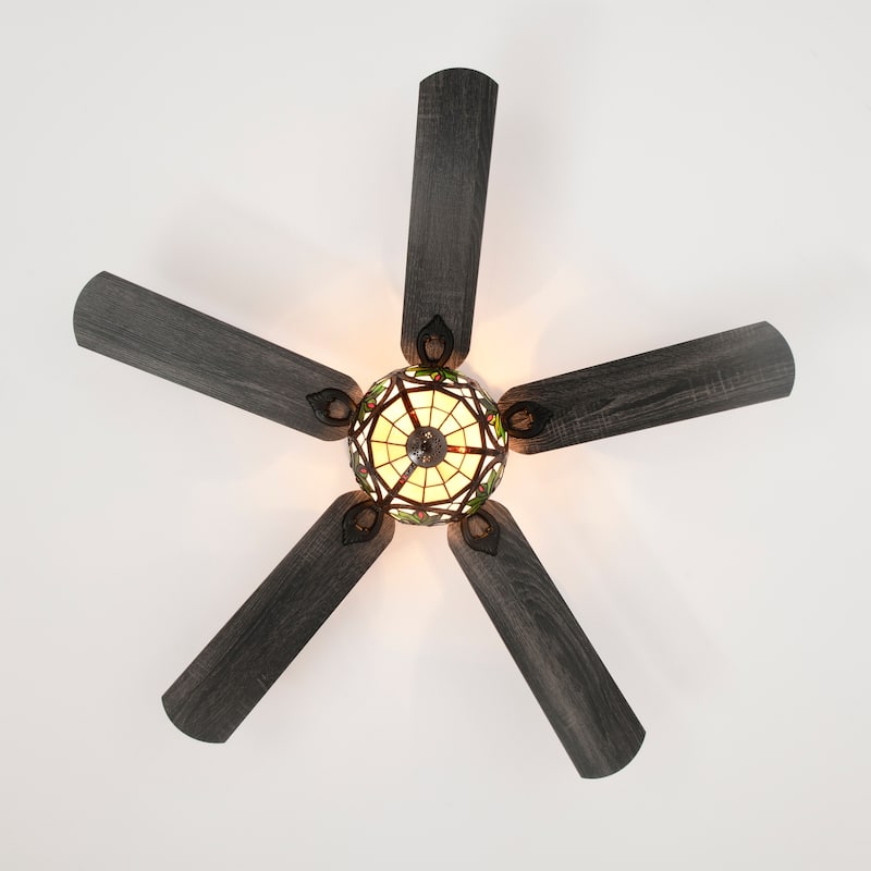 Peacoo 52-Inch Flushmount Lighted Ceiling Fan Ivory Leaf Berry Tiffany Glass Lamp Black Finish