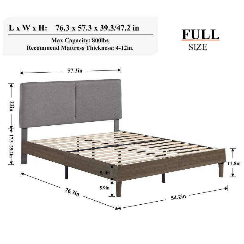 VECELO Upholstered Platform Bed Frame with Adjustable Headboard, Solid Wood Slats, No Box Spring Needed, Twin/Full/Queen Size
