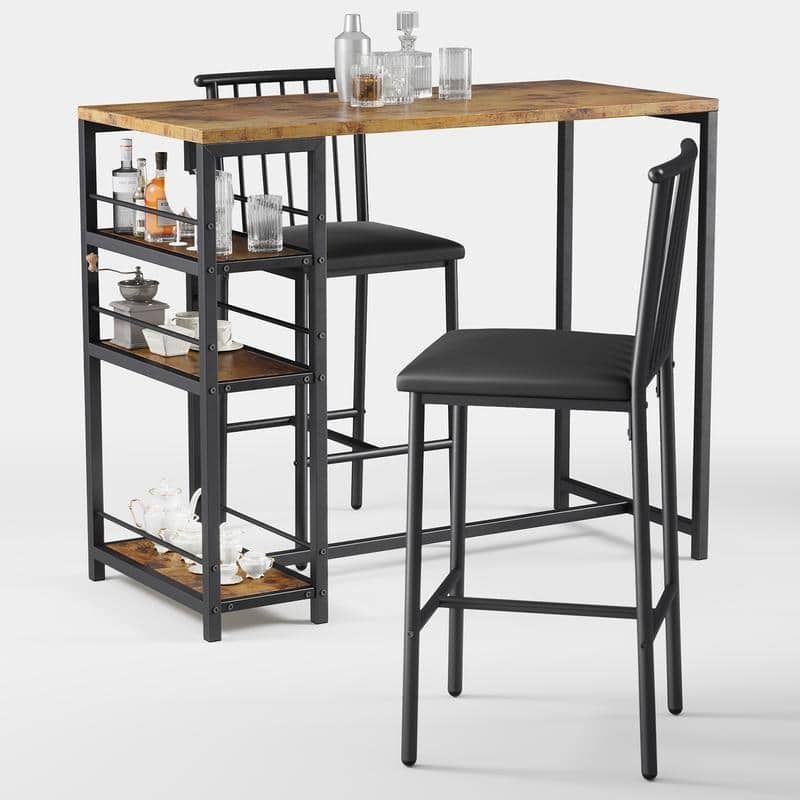 3 Pieces Bar Table Set and Chairs Set for 2 with 3 Storage Shelves