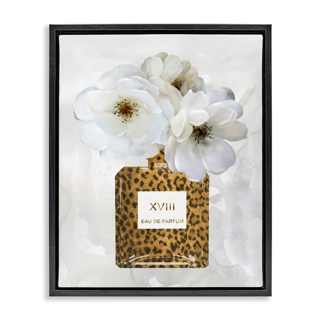 Stupell Leopard Print Perfume Bottle Glam White Spring Florals Floater Frame