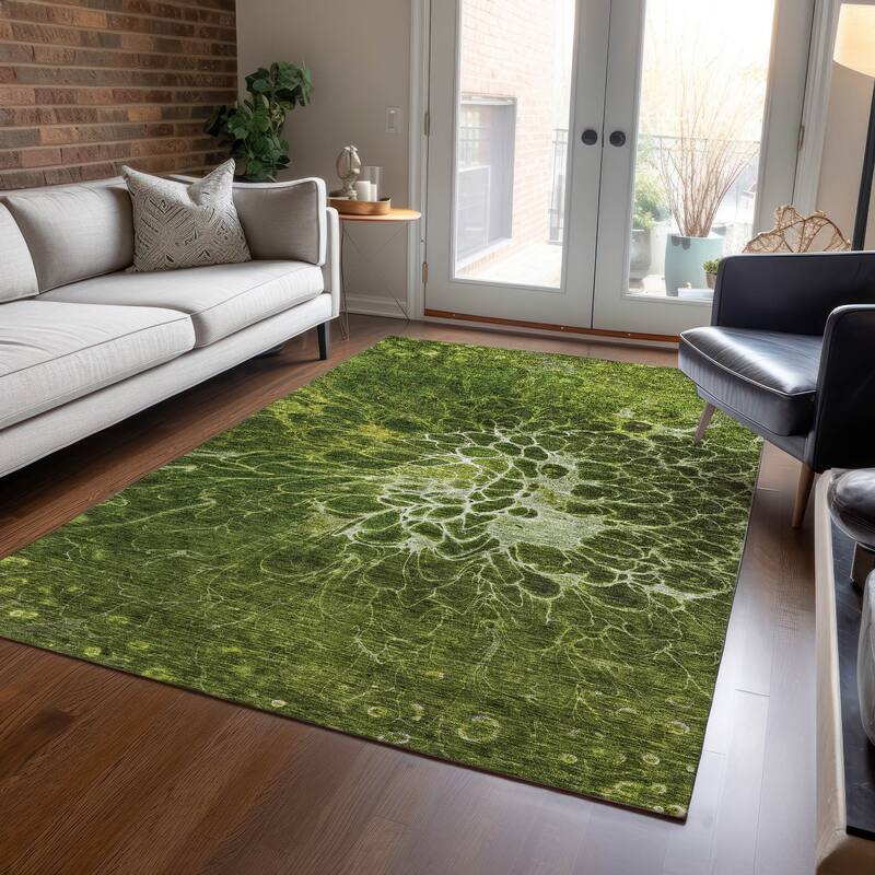 Machine Washable Indoor/ Outdoor Chantille Modern Floral Rug - Olive - 10' x 14'
