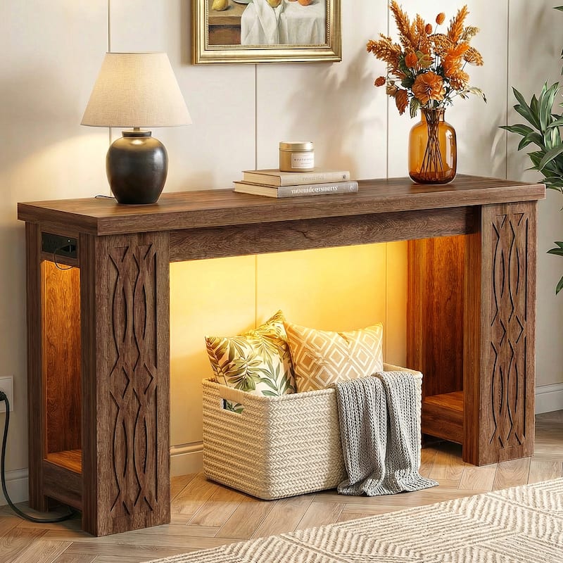 47" Farmhouse Console Table with RGB LED Light ＆ Power Outlets, Unique Carved Design Farmhouse Entryway Table Sofa Table - Brown