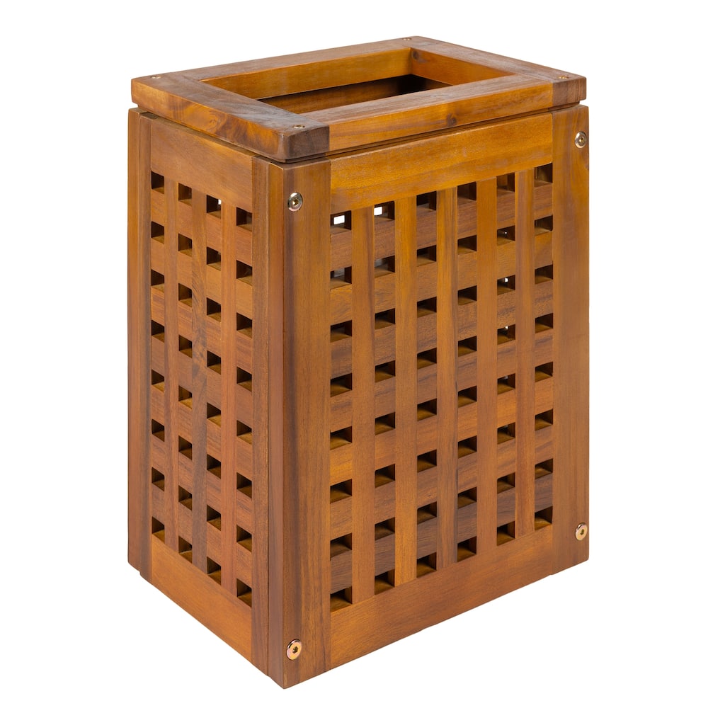 Junie Coastal Farmhouse Handcrafted Acacia Wood Indoor/Outdoor 2.7-Gallon Rectangular Grid Wastebasket