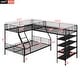 preview thumbnail 4 of 7, Black Twin & Full Size L-Shaped Metal Triple Bunk Bed with Loft, 4 Built-in Shelves, Full-Length Guardrails