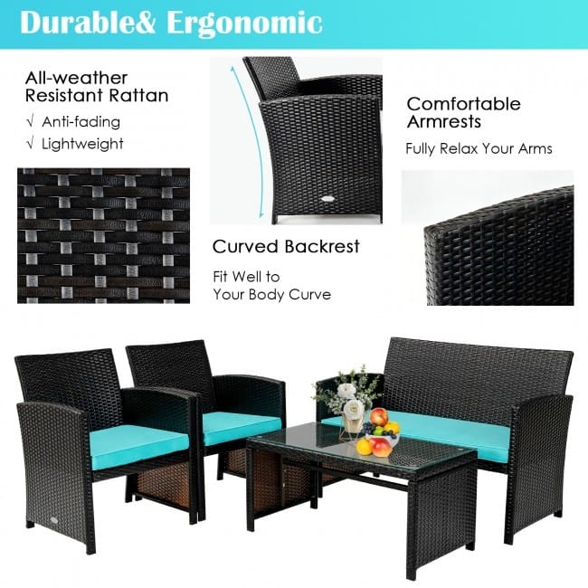 4Pcs Patio Rattan Cushioned Furniture Set - 43.5" x 25" x 31" (L x W x H)