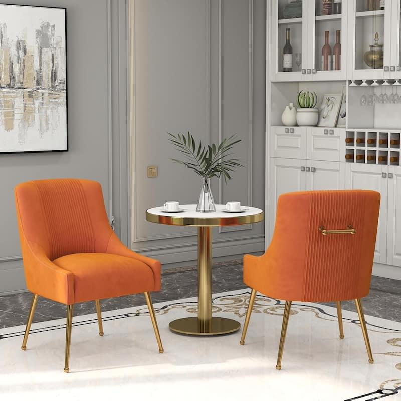SEYNAR Modern Glam Boucle Pleated Velvet Dining Chair or Vanity Chair Set of 2 with Rear Handle - Orange