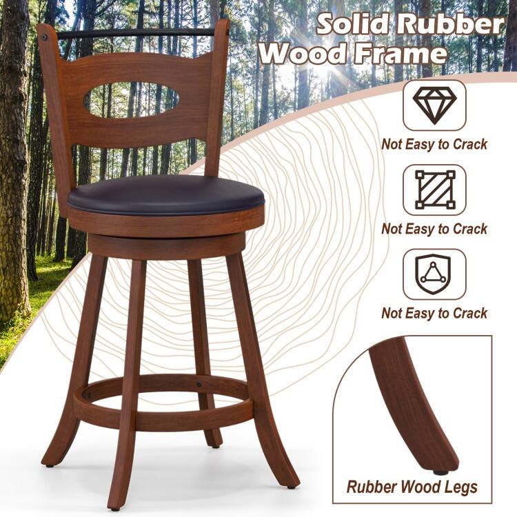 2 Pieces Swivel Bar Stools with Curved Backrest and Seat Cushions