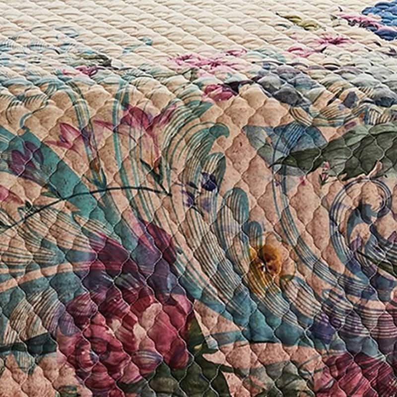 2 Piece Twin Size Quilt Set, Floral Print, Crochet Trim, Multicolor