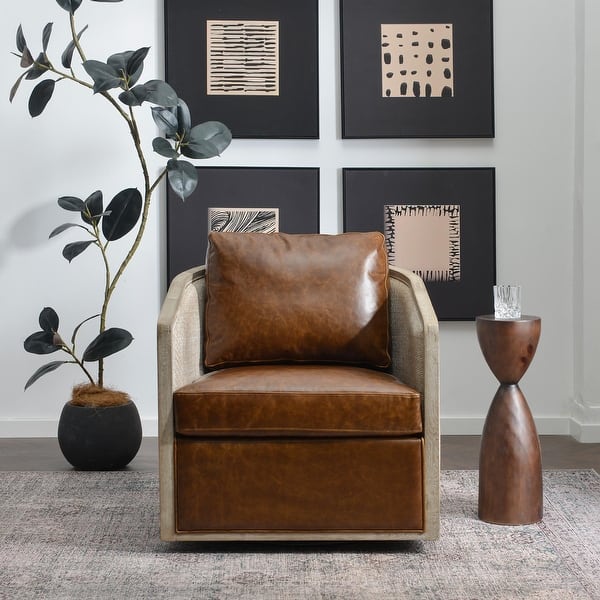 slide 2 of 167, KINWELL 31"W Oak Frame Upholstered Swivel Barrel Armchair