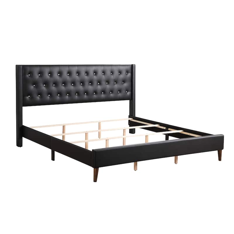 Faux Leather Jewel Tufted Headboard Panel King Bed - 87" - Black