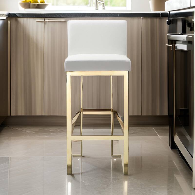 Boly 30 Inch Barstool Chair, Cushioned White Faux Leather, Gold Cantilever