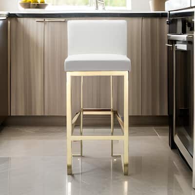 Boly 30 Inch Barstool Chair, Cushioned White Faux Leather, Gold Cantilever