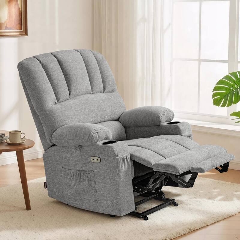 Power Lift Recliner Chair for Elderly, Massage and Heat, Faux Leather & Fabric - Fabric-Grey