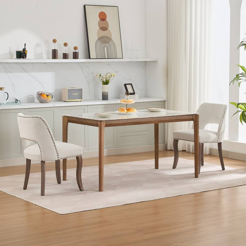 Modern Fabric Upholstered Dining Chairs Set of 2, Farmhouse Wooden Dining Room Chairs with Curved Backrest, Rivet Trim