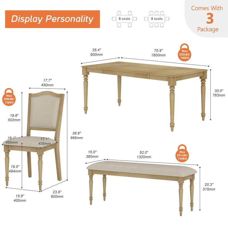 4-Piece Dining Table Set with Bench, Table and Chairs for 4-6, Oak