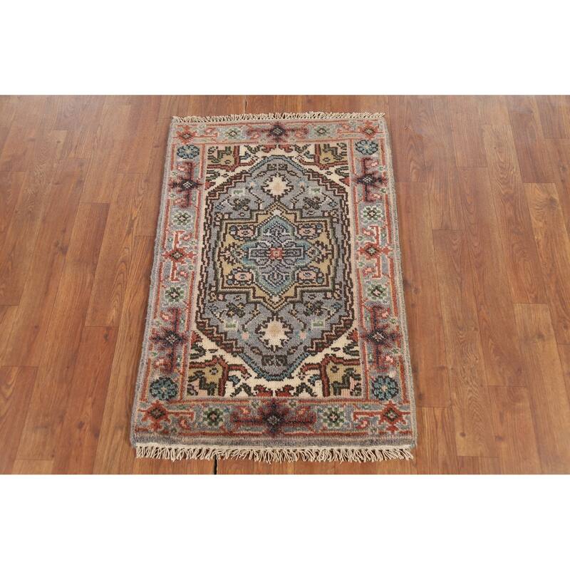 Geometric Heriz Serapi Indian Accent Rug Handmade Gray Wool Carpet - 2'0"x 3'0"