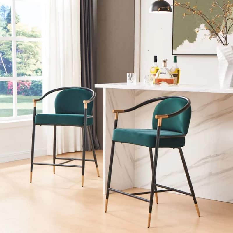 Devin 26" H Upholstered Counter Stool with Metal Frame (Set of 2) by Christopher Knight Home - Set of 2 - Black+Green,Velvet