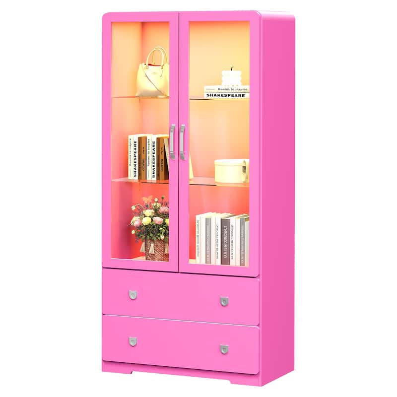 64'' Tall Display Cabinet with Acrylic Doors and LED Lights - N/A