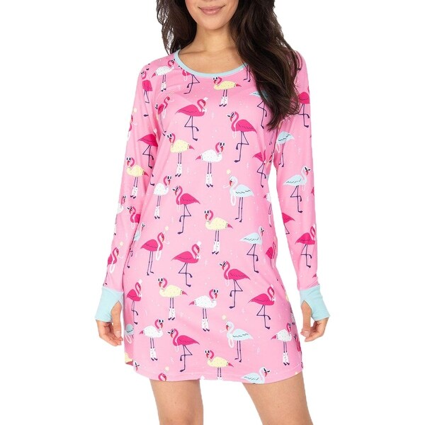 Munki Munki Women's Animal Print Long Sleeve Contrast Trim Pajama Sleep Top - Pink. Opens flyout.