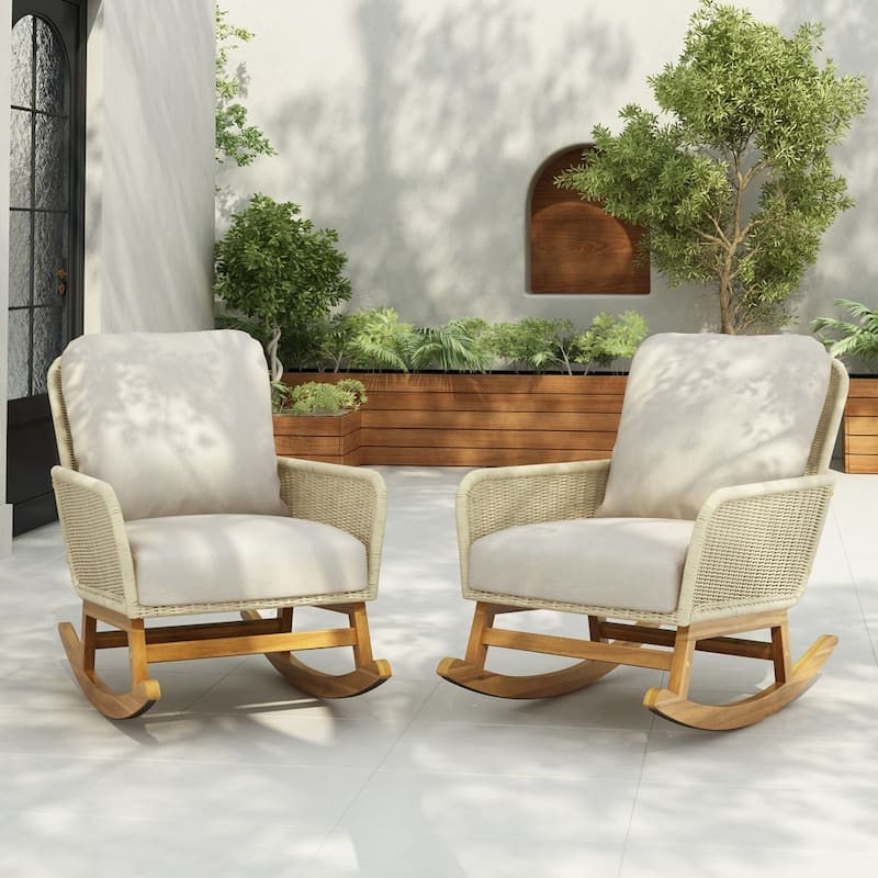 [Set of 2] Contemporary Minimalist Beige Wicker Rocking Chair - Ivory