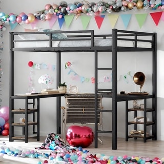 Kids and Baby Full Size Loft Bed with Desk,Shelves,Ladder and Guardrails