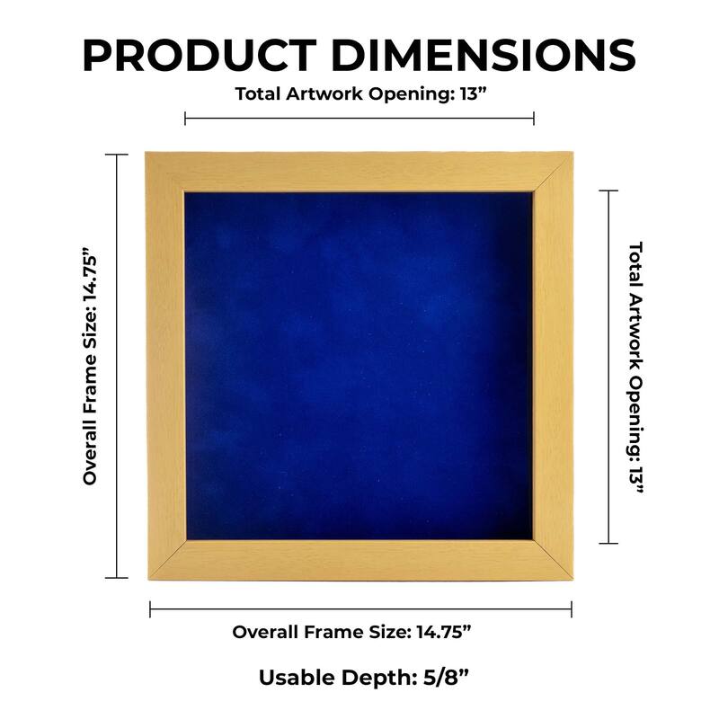 13x13 Shadow Box Frame Natural Wood | With a 3/4" Usable Display Depth | Includes a Royal Blue Real Suede Texture Acid-Free