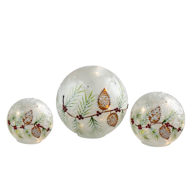 3 LED Frosted Snowball Berries Pine Glass Christmas Globes Timer - 8"