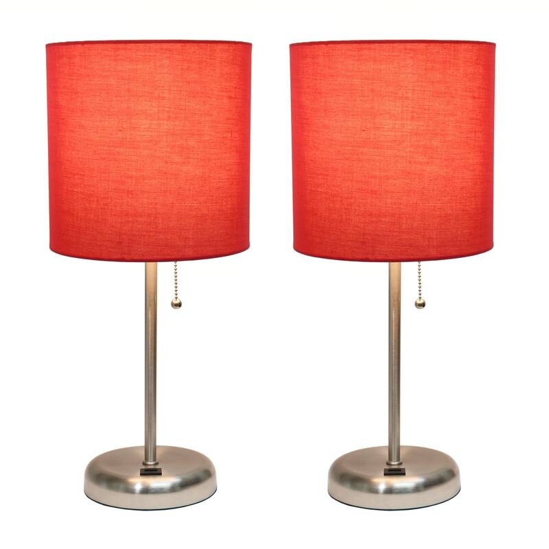 19.5 in. Brushed Steel Finish Table Lamp with Red Shade, Durable Stick Lamp for End/Side Tables, Set of 2