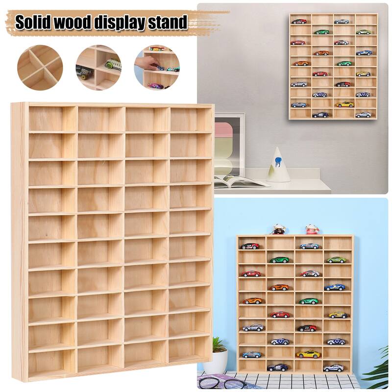 40 Compartment Wooden Display Case for 1 64 Toy Cars Wall Mounted or Countertop Storage Organizer Hardwood Shelf