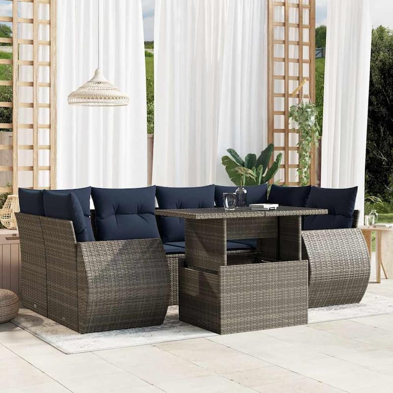 vidaXL Patio Sofa Set with Cushions and Table Outdoor 7 Piece Poly Rattan - 24.4 x 24.4 x 27.2