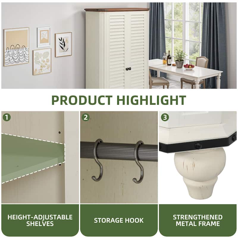 Moasis Farmhouse Pantry Cabinet 4-Tier Storage Cabinet with 2 Magnetic Doors and Adjustable Shelves&Hooks