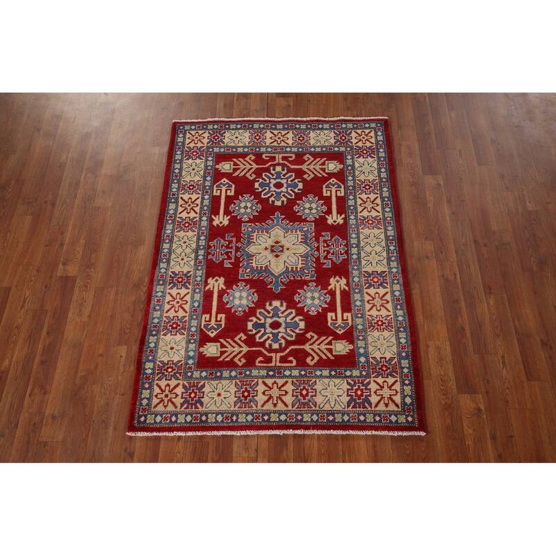 Red Geometric Kazak Foyer Rug Handmade Traditional Wool Carpet - 3'5" x 4'11"