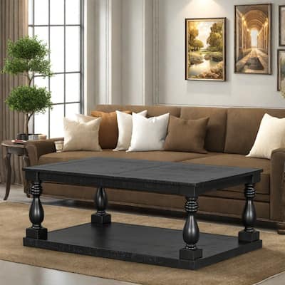 45.2" Pine Vintage Coffee Table - Vase Column Legs & Pine Veneer Top (Solid Rubberwood Base)