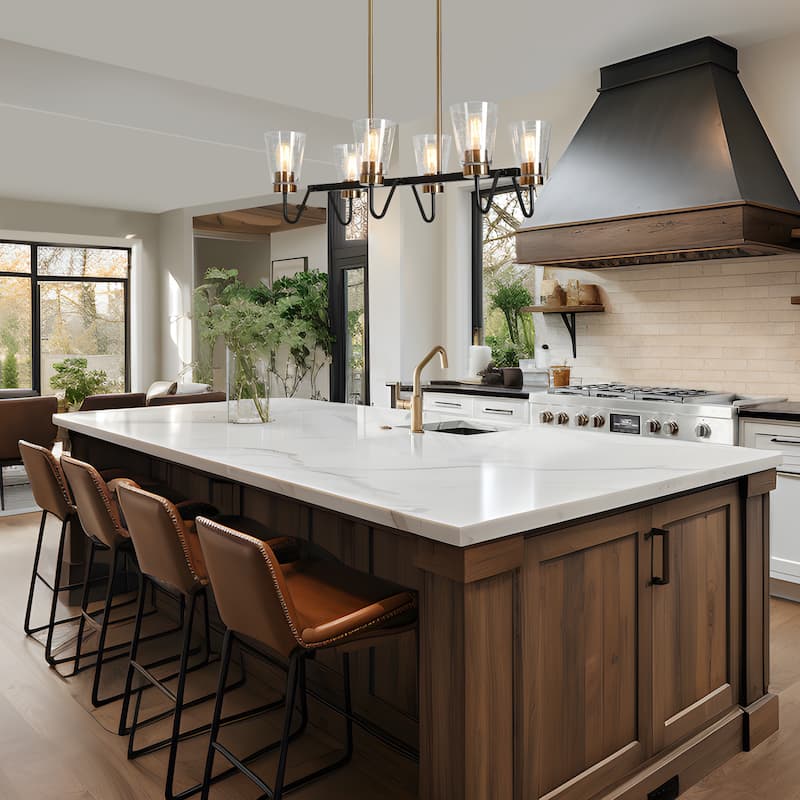 Ivelle Farmhouse 6-Light Black Gold Linear Chandelier Cone Glass Kitchen Island Pendant Lights - 27.5"L