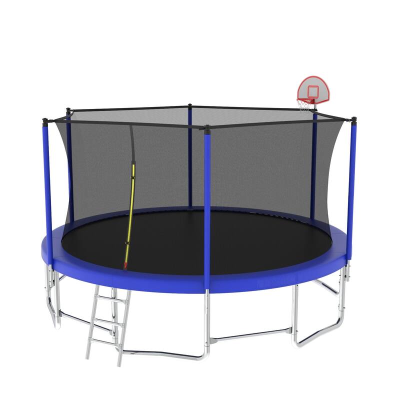 Outdoor Kids Trampoline with Basketball Hoop and Ladder, with Safety Enclosure for Backyard Fun