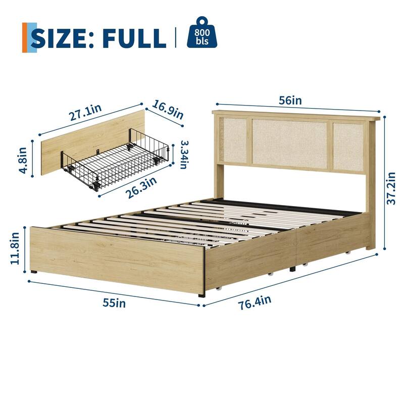 Bed Frame with Natural Rattan Headboard, 4 Storage Drawers