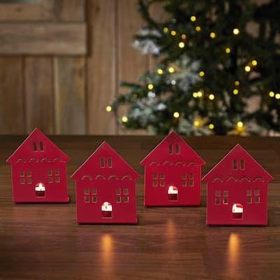 Tealight Holder House Barn Red Set of 4 4.5x3.75x2.25 - N/A