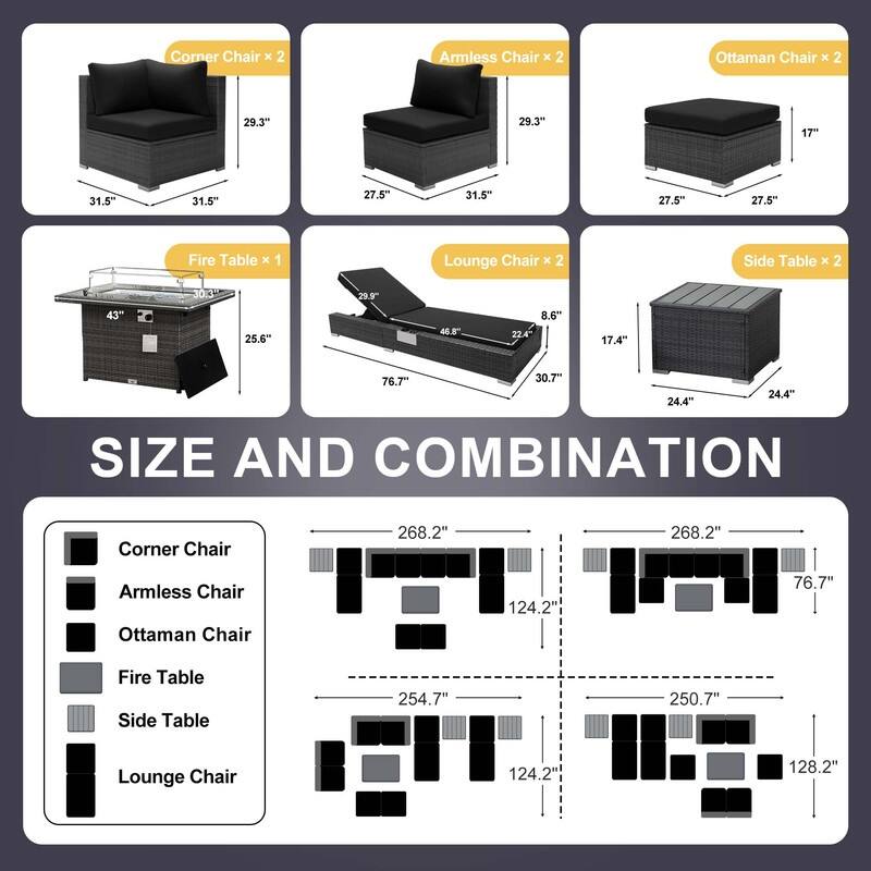 FINCATI 11 Pieces Patio Furniture Set Outdoor Sectional Sofa with Firepit Table