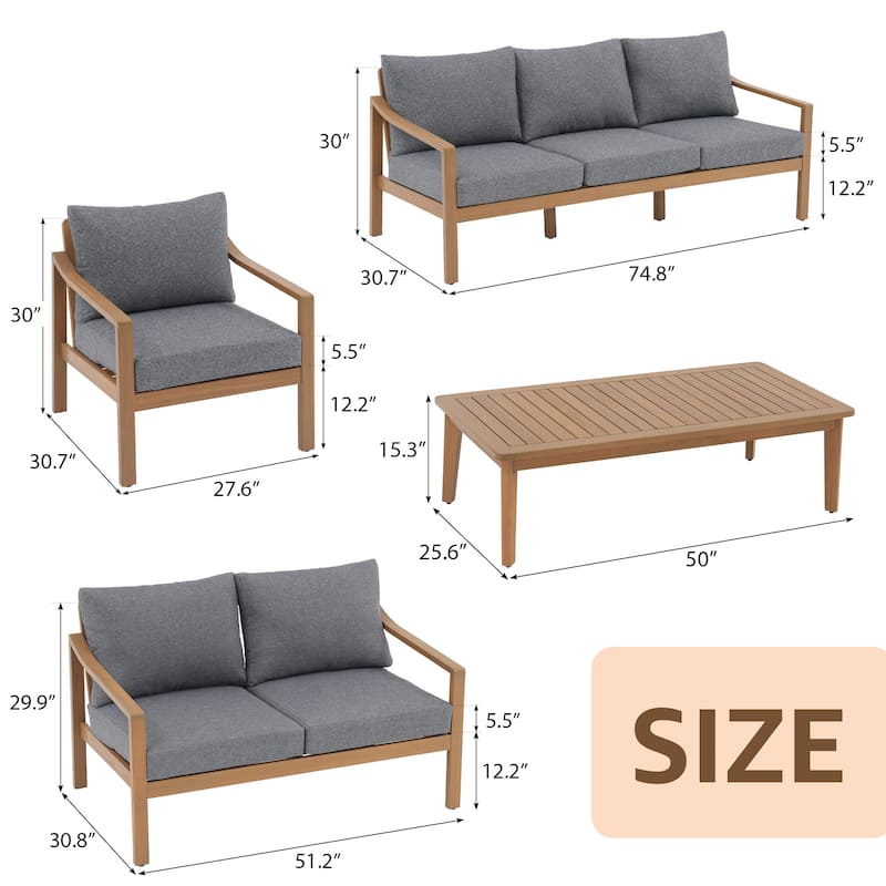 Outdoor 5 Piece Wooden Chair Set With Table And Cushion