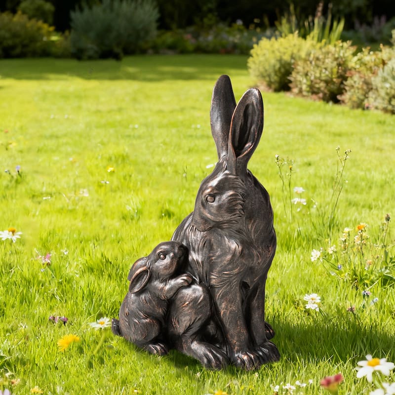 Glitzhome MGO Bronze Mom and Baby Rabbit Statue Standing Bunny Figurine