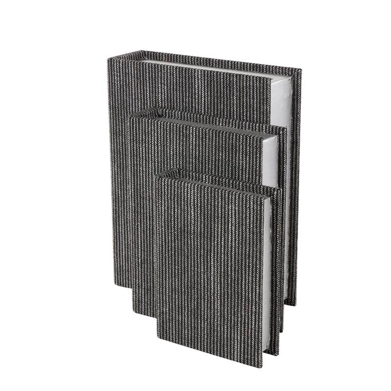 Linen Fabric Striped Faux Book Storage Box with White Accents - Set of 3 - Roche River Decor